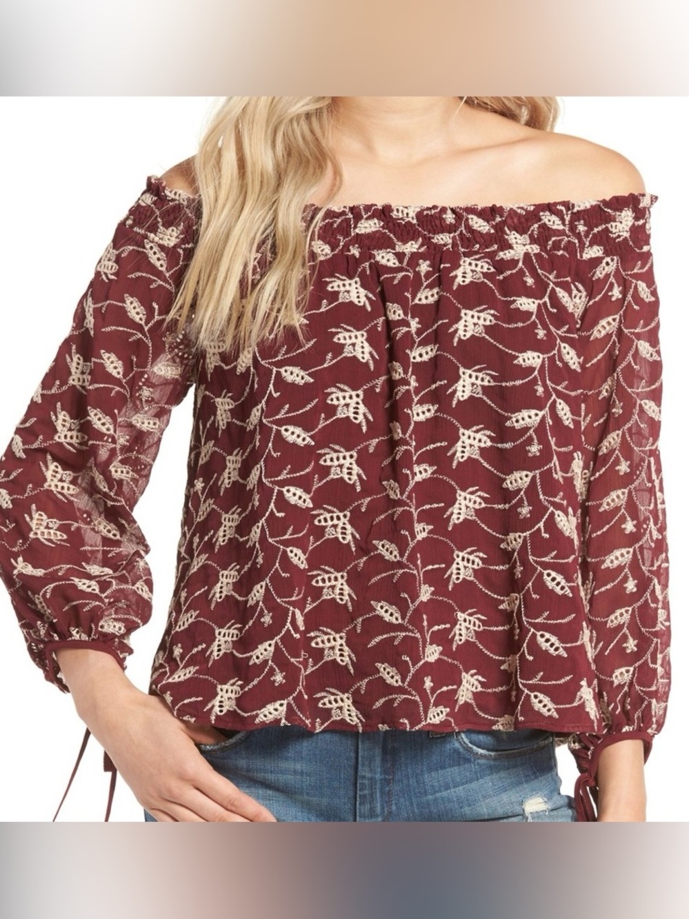 ASTR the Label Embroidered Off the Shoulder Blouse